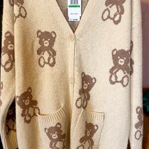 NWT Hippie Rose Teddy Bear Print Cardigan Size L Cozy V Neck